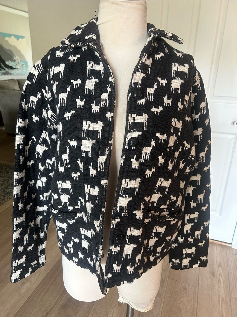 Vintage woven black and cream animal print Alpaca jacket